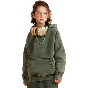 Arssm Boys Girls Fleece Lined Hoodie Kids Warm Winter Cotton Acid Washed Vintage Pullover Hooded Sweatshirt(Green)