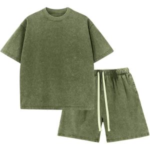 Arssm Boys Short Sets 2 Piece Acid Wash Vintage Kids Athletic Set(Armygreen)