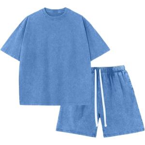 Arssm Boys Short Sets 2 Piece Acid Wash Vintage Kids Athletic Set(Blue)