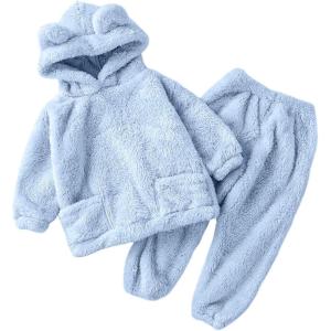 Arssm Girl Pants Sets Two Pieces Outfit Kids Bear Ear Fuzzy Fluffy Hoodie Sweatshirt with Fleece Sweatpants(Lightblue)