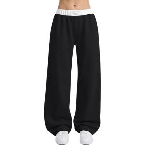 Arssm Girls Wide Leg Sweatpants Baggy Pants Letter Patched Elastic Waist Long Trousers Joggers(Black)