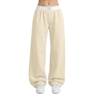Arssm Girls Wide Leg Sweatpants Baggy Pants Letter Patched Elastic Waist Long Trousers Joggers(Khaki)