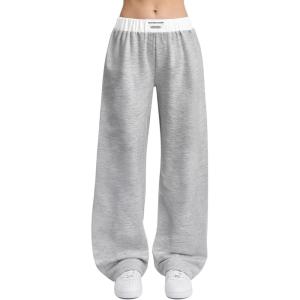Arssm Girls Wide Leg Sweatpants Baggy Pants Letter Patched Elastic Waist Long Trousers Joggers(Lightgrey)