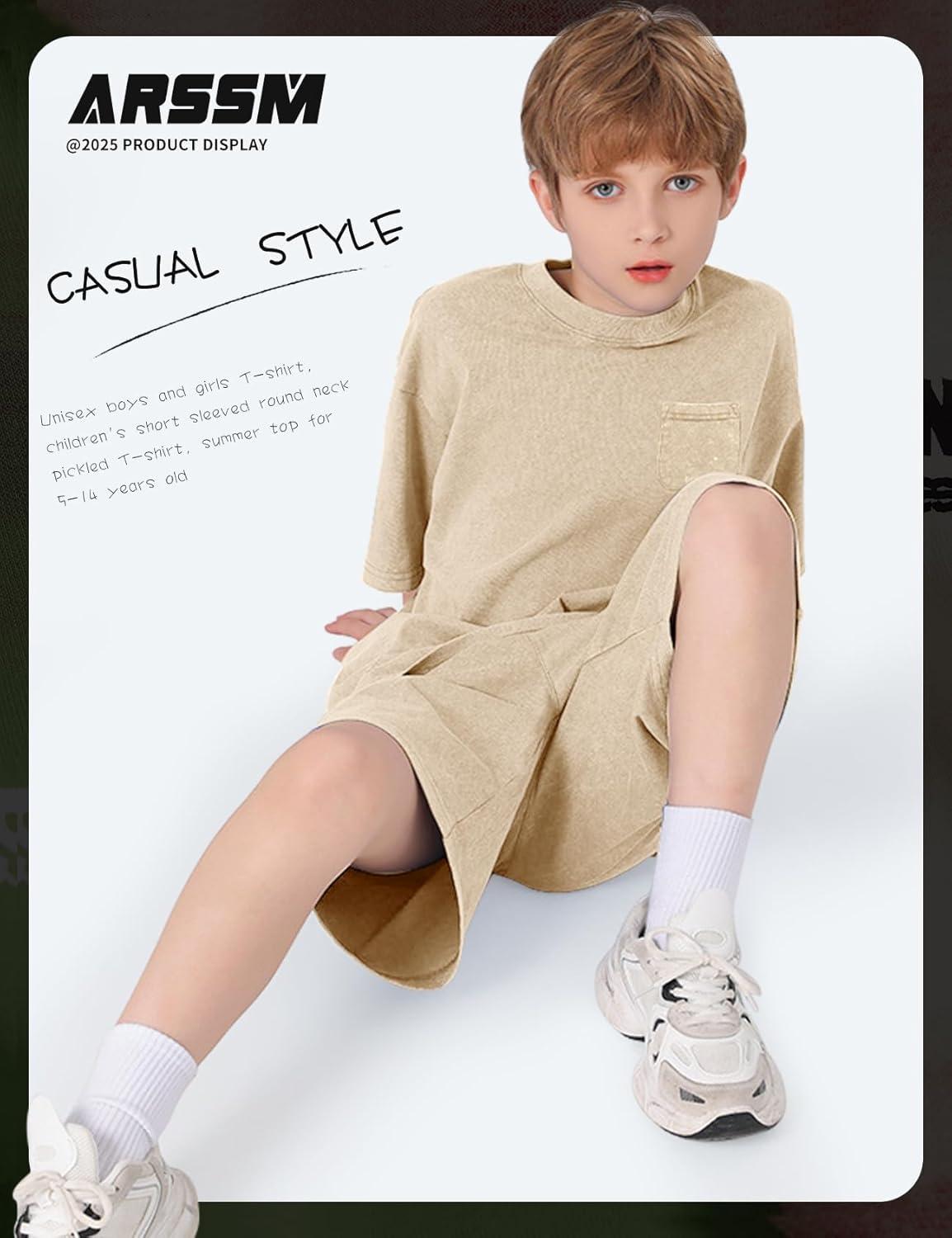image:imageArssm 3 Pack Boys Tshirts Kids Oversized T Shirts Cotton Acid Wash Crewneck Summer Basic TeesApricot