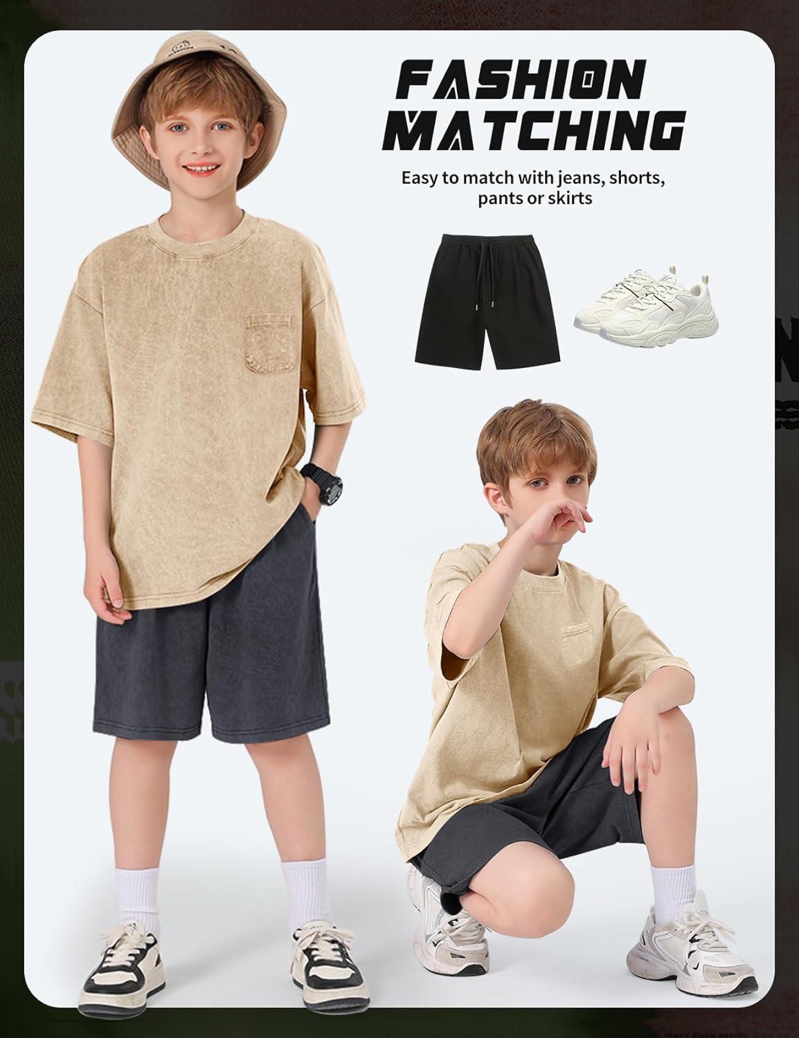image:imageArssm 3 Pack Boys Tshirts Kids Oversized T Shirts Cotton Acid Wash Crewneck Summer Basic TeesApricot