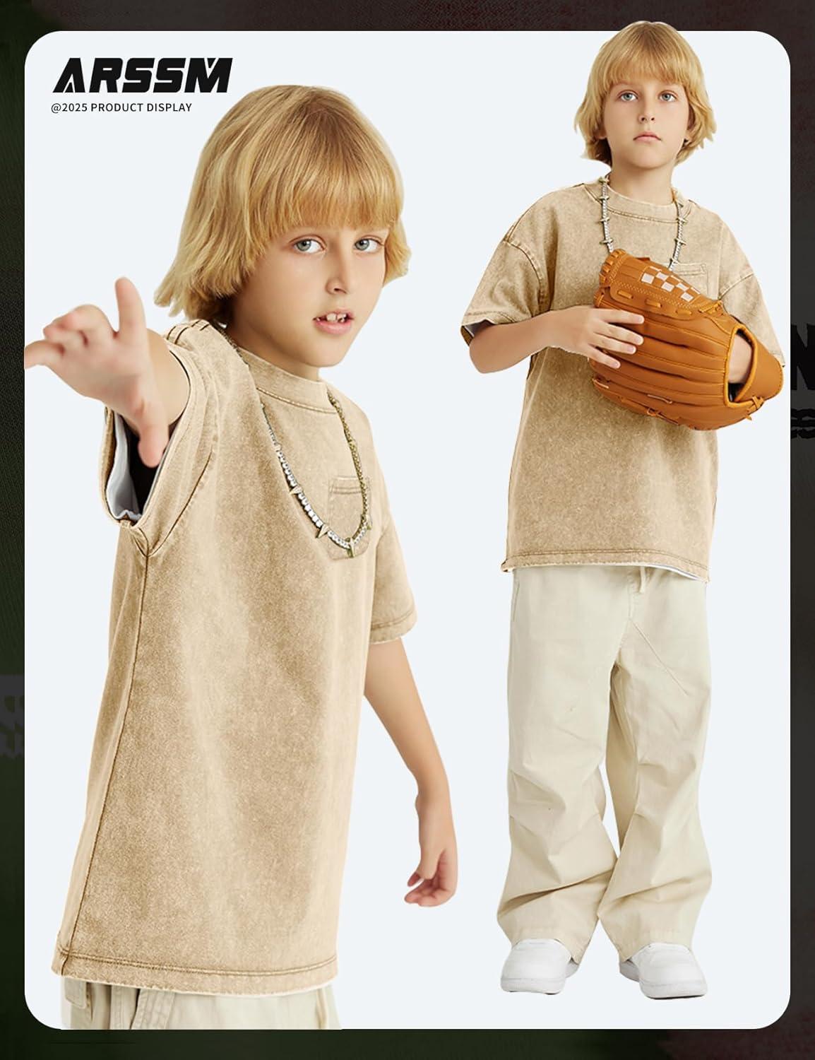 image:imageArssm 3 Pack Boys Tshirts Kids Oversized T Shirts Cotton Acid Wash Crewneck Summer Basic TeesApricot
