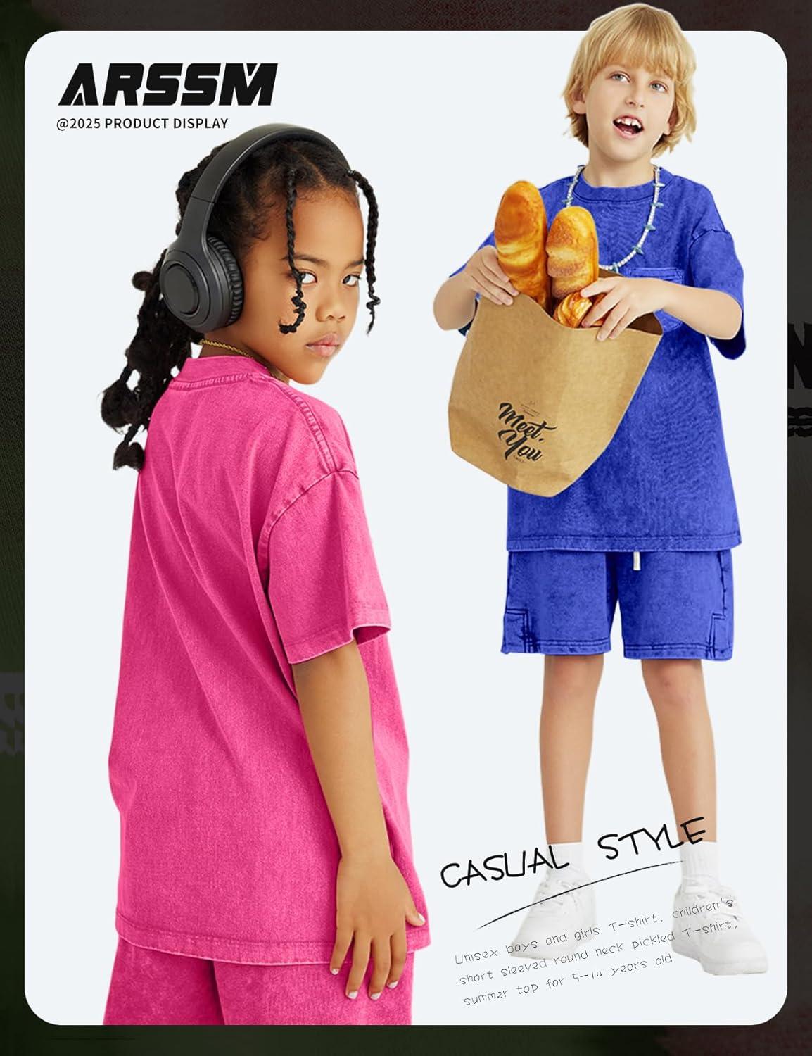 image:imageArssm 3 Pack Boys Tshirts Kids Oversized T Shirts Cotton Acid Wash Crewneck Summer Basic TeesApricotpinkblue