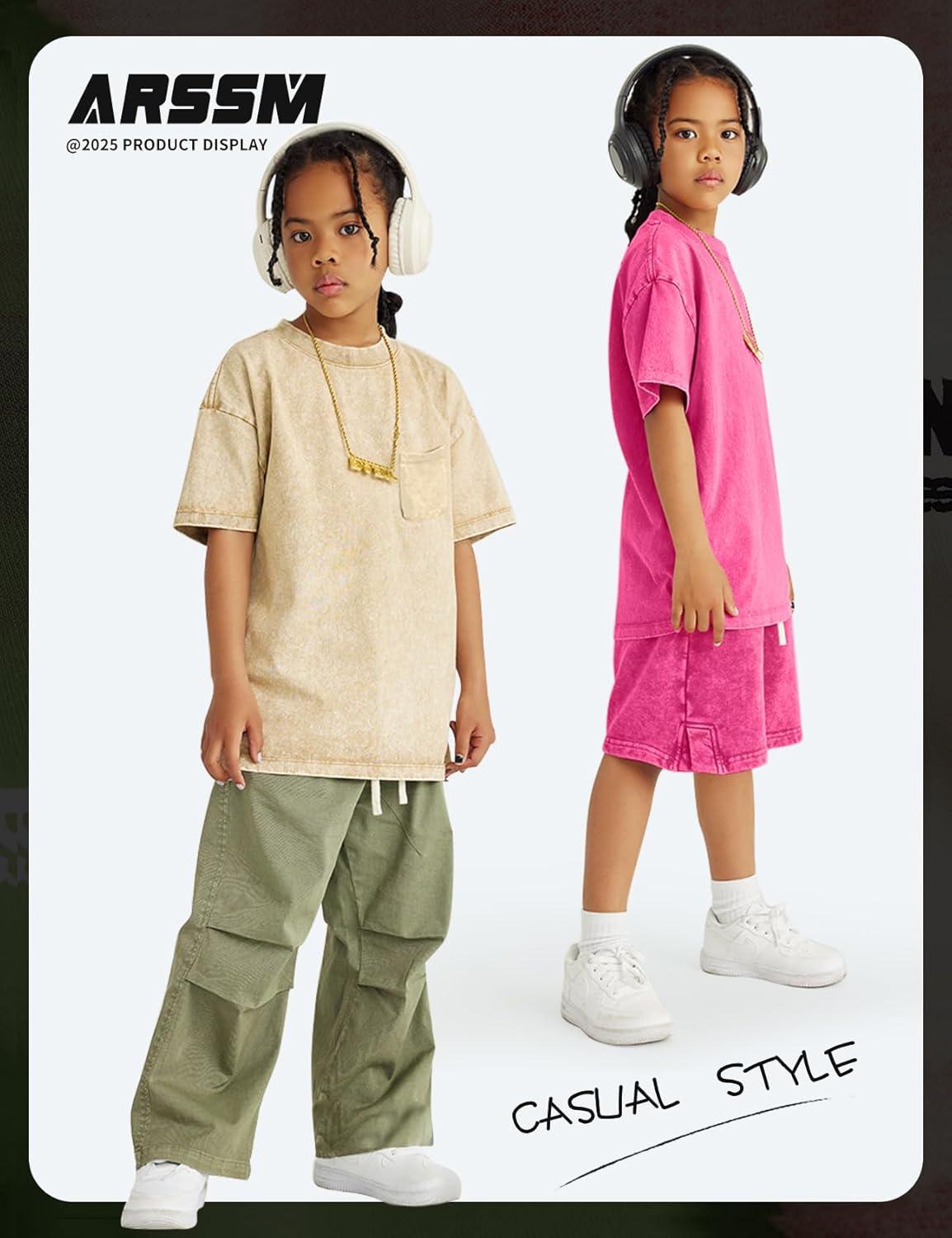 image:imageArssm 3 Pack Boys Tshirts Kids Oversized T Shirts Cotton Acid Wash Crewneck Summer Basic TeesApricotpinkblue