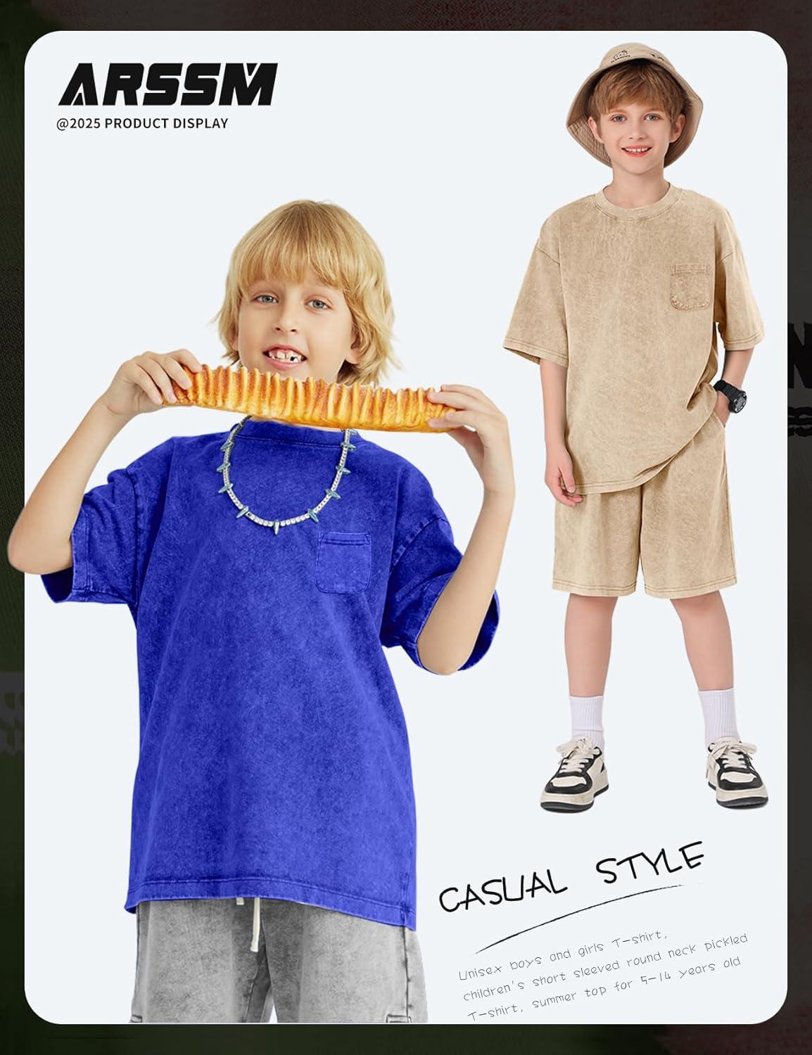 image:imageArssm 3 Pack Boys Tshirts Kids Oversized T Shirts Cotton Acid Wash Crewneck Summer Basic TeesApricotpinkblue