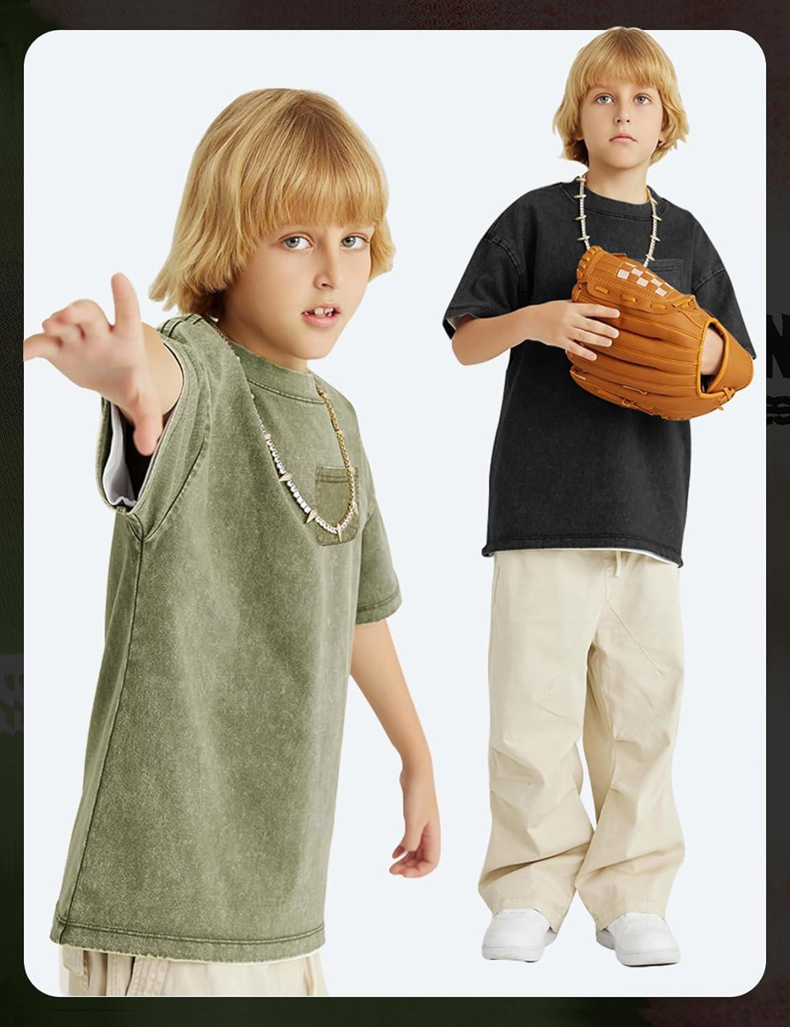 image:imageArssm 3 Pack Boys Tshirts Kids Oversized T Shirts Cotton Acid Wash Crewneck Summer Basic TeesBlackarmyapricot