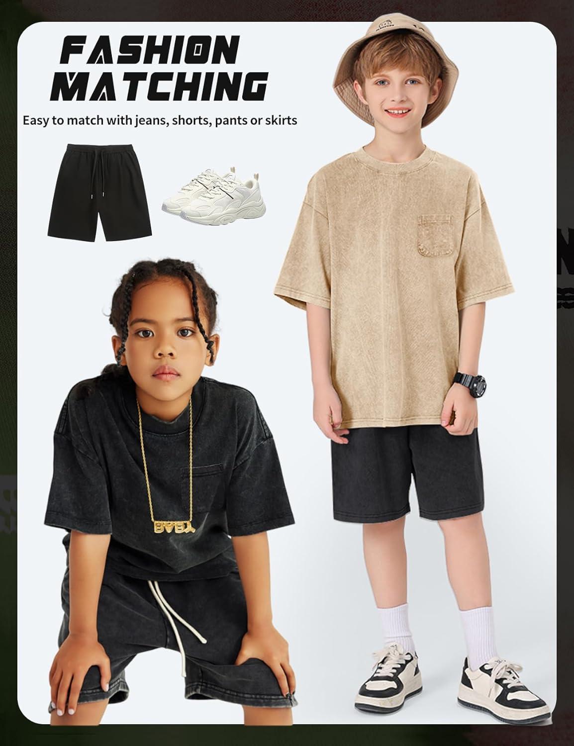 image:imageArssm 3 Pack Boys Tshirts Kids Oversized T Shirts Cotton Acid Wash Crewneck Summer Basic TeesBlackarmyapricot