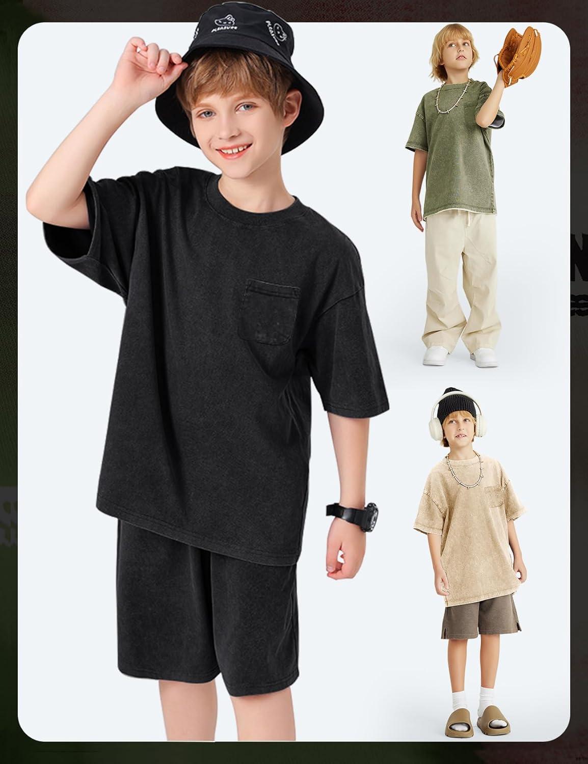 image:imageArssm 3 Pack Boys Tshirts Kids Oversized T Shirts Cotton Acid Wash Crewneck Summer Basic TeesBlackarmyapricot