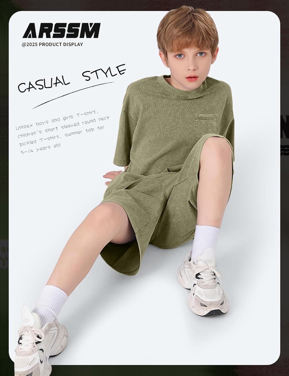 image:imageArssm 3 Pack Boys Tshirts Kids Oversized T Shirts Cotton Acid Wash Crewneck Summer Basic TeesBlackarmyapricot