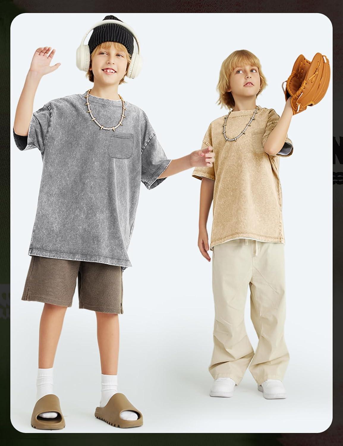 image:imageArssm 3 Pack Boys Tshirts Kids Oversized T Shirts Cotton Acid Wash Crewneck Summer Basic TeesBlackgreyapricot