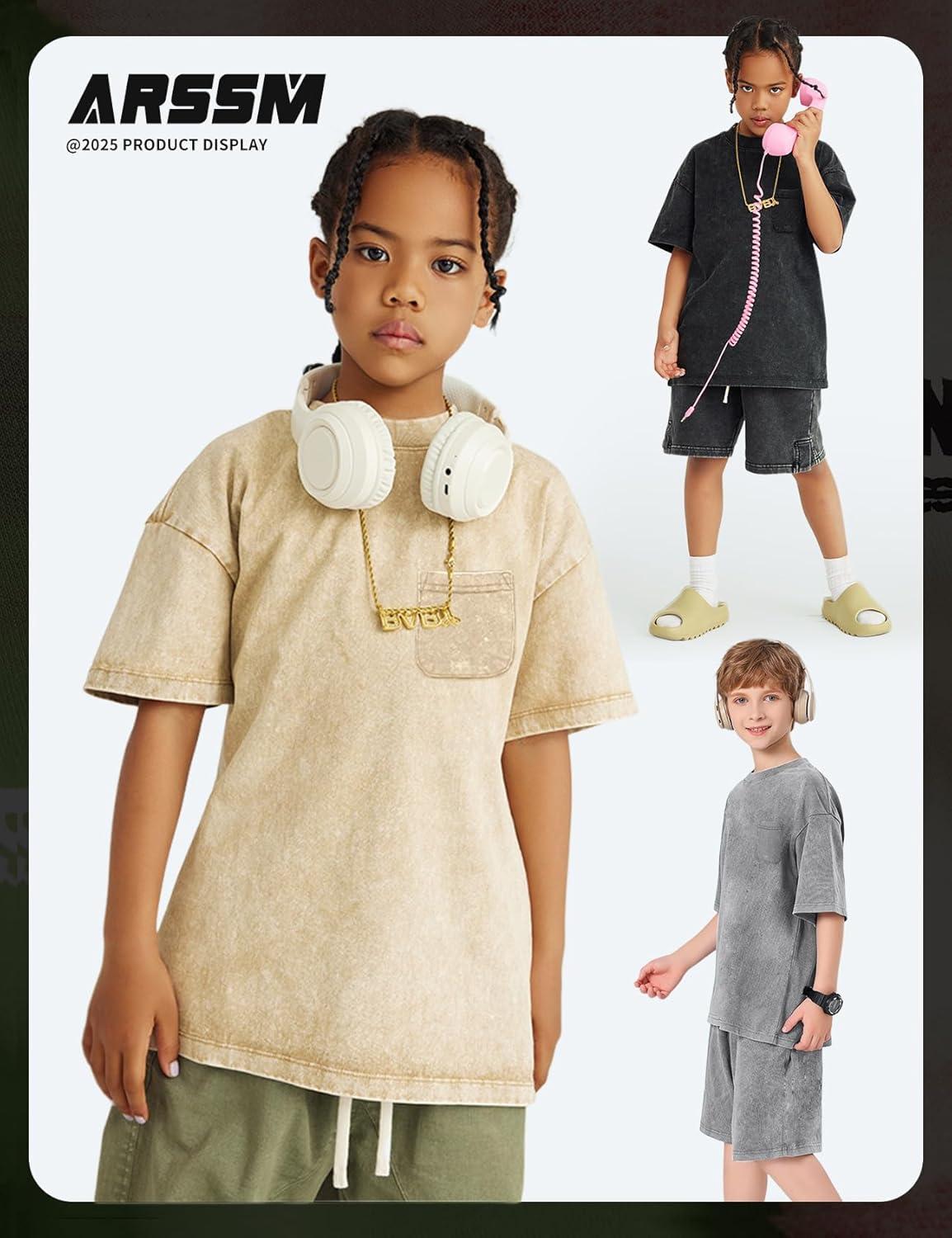 image:imageArssm 3 Pack Boys Tshirts Kids Oversized T Shirts Cotton Acid Wash Crewneck Summer Basic TeesBlackgreyapricot