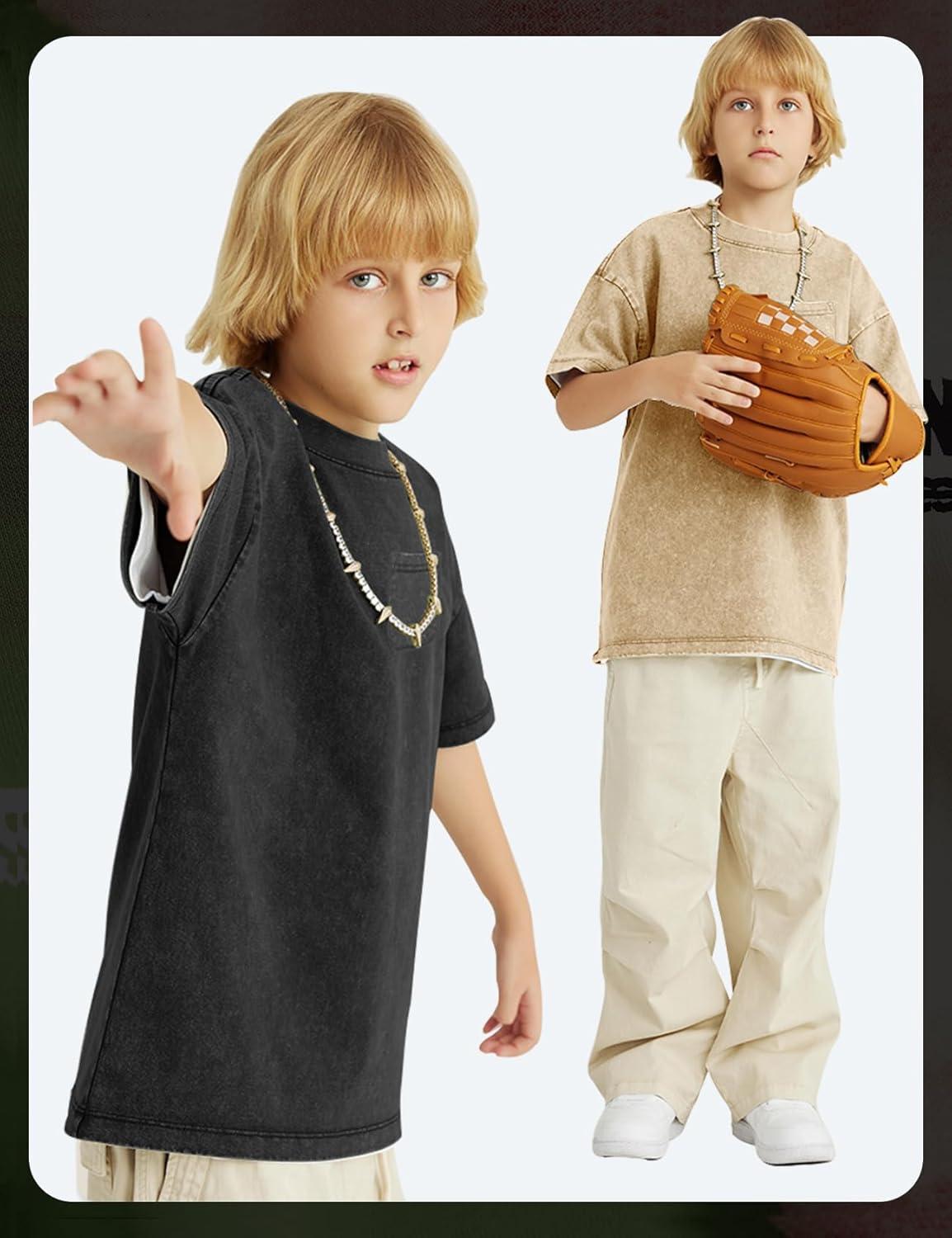 image:imageArssm 3 Pack Boys Tshirts Kids Oversized T Shirts Cotton Acid Wash Crewneck Summer Basic TeesBlackgreyapricot