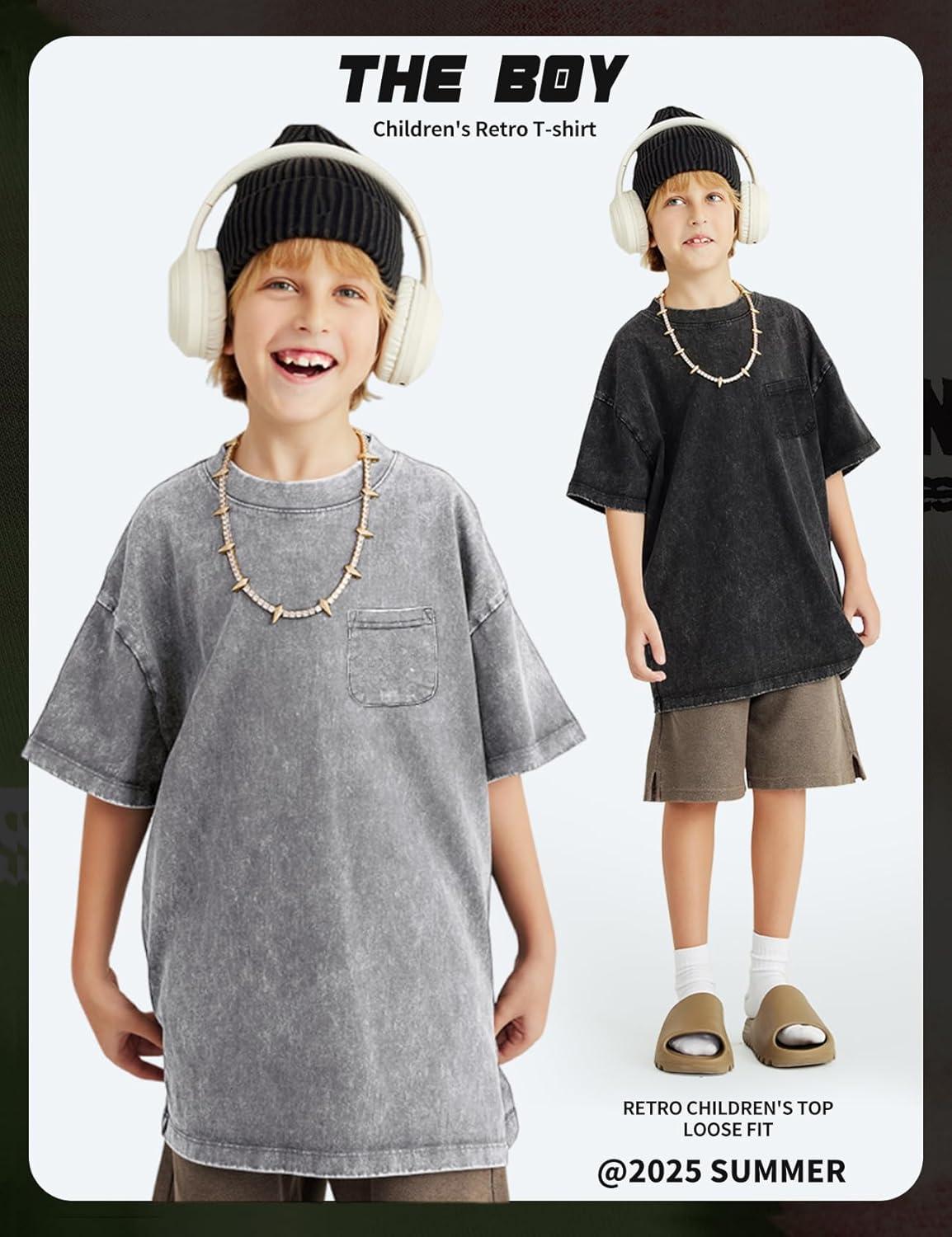 image:imageArssm 3 Pack Boys Tshirts Kids Oversized T Shirts Cotton Acid Wash Crewneck Summer Basic TeesBlackgreyarmy