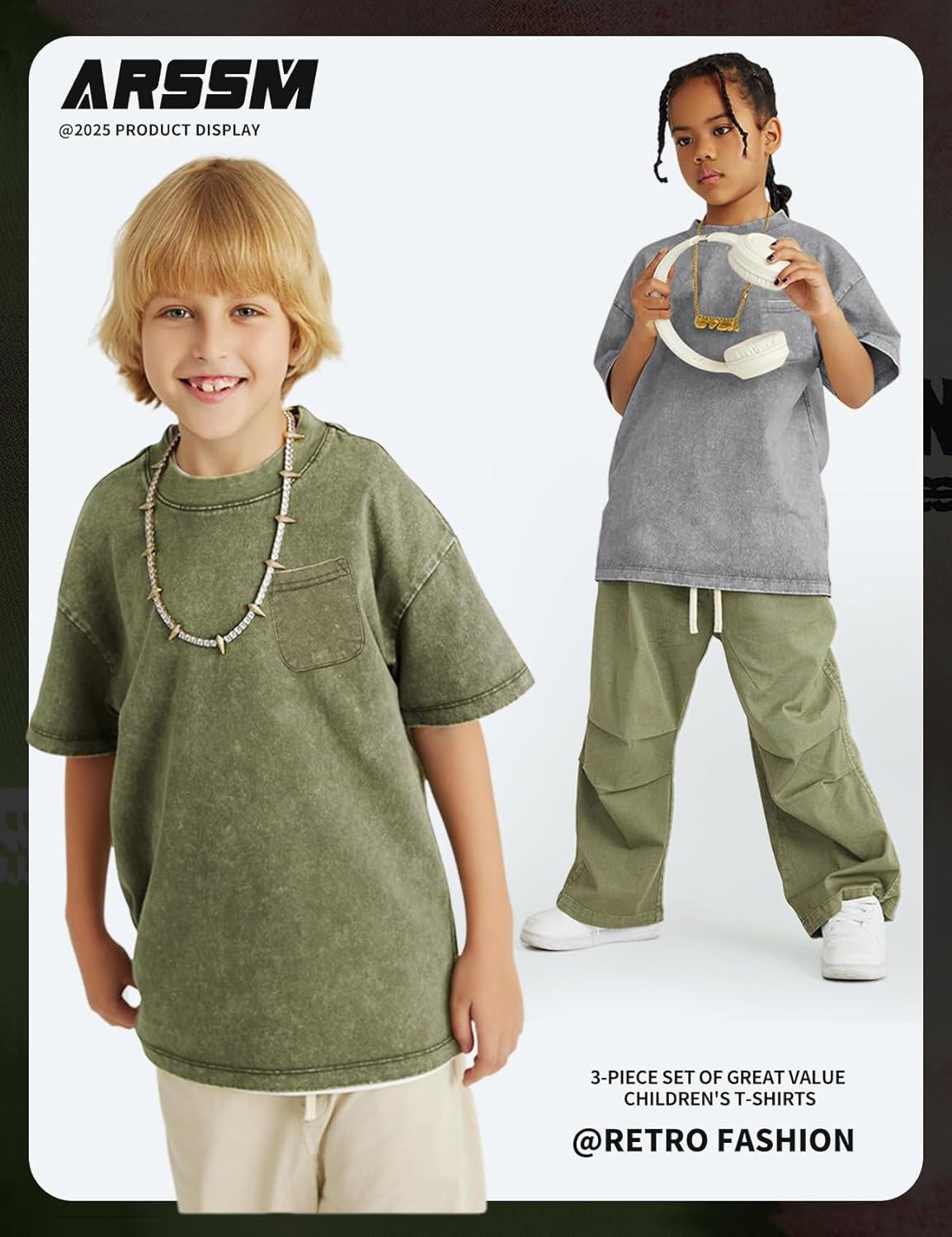 image:imageArssm 3 Pack Boys Tshirts Kids Oversized T Shirts Cotton Acid Wash Crewneck Summer Basic TeesBlackgreyarmy