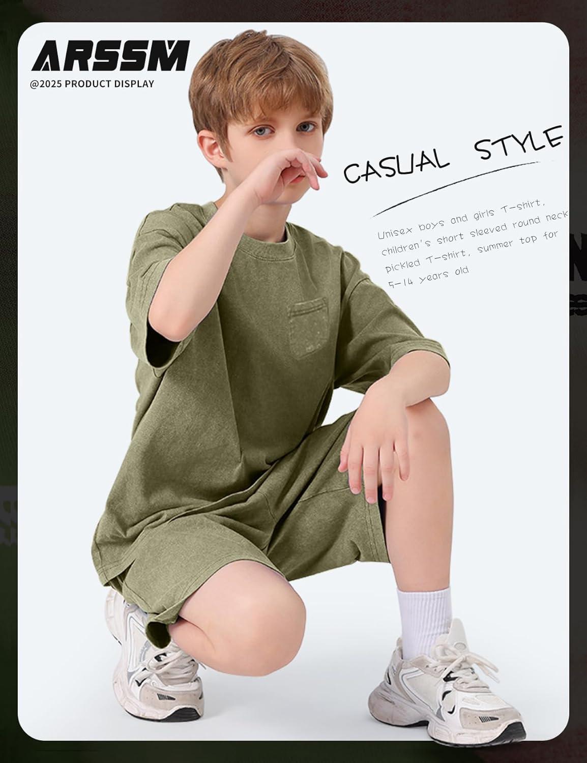 image:imageArssm 3 Pack Boys Tshirts Kids Oversized T Shirts Cotton Acid Wash Crewneck Summer Basic TeesBlackgreyarmy
