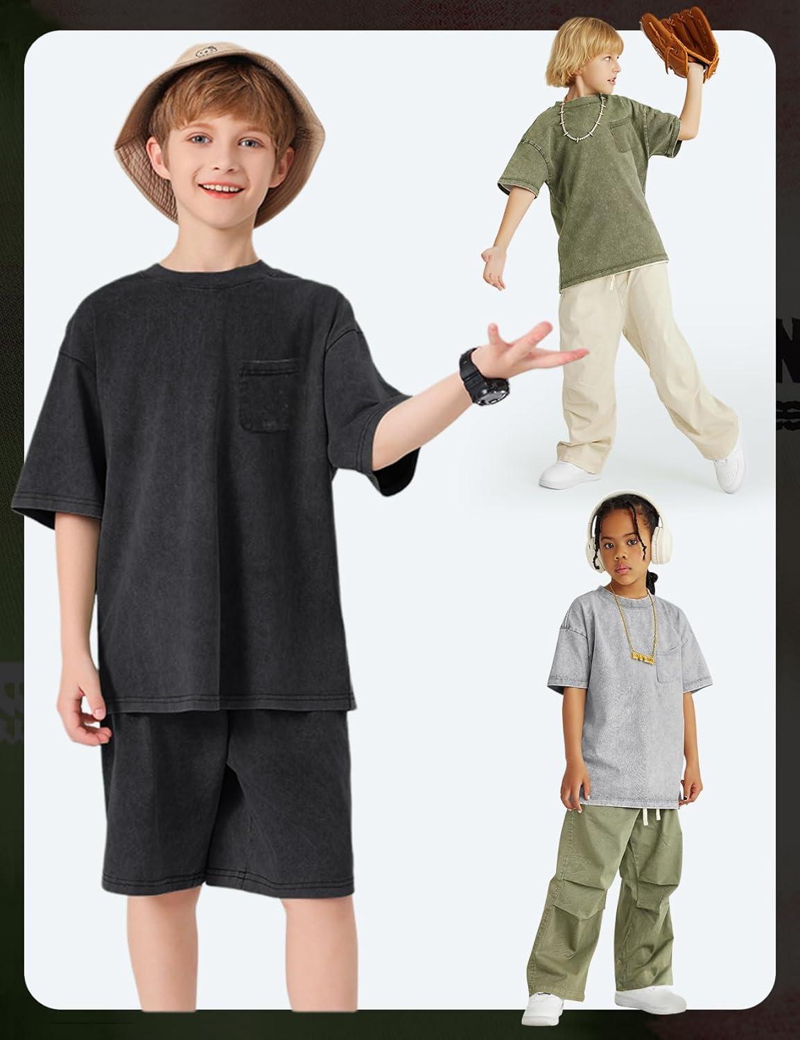 image:imageArssm 3 Pack Boys Tshirts Kids Oversized T Shirts Cotton Acid Wash Crewneck Summer Basic TeesBlackgreyarmy