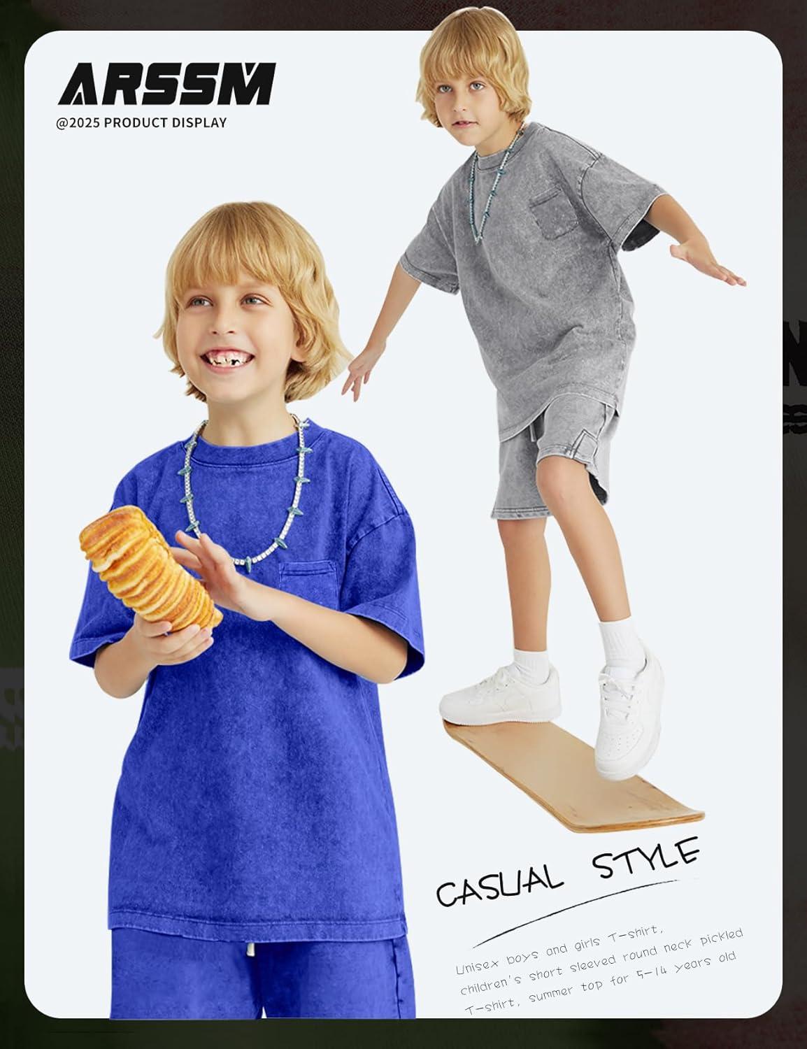image:imageArssm 3 Pack Boys Tshirts Kids Oversized T Shirts Cotton Acid Wash Crewneck Summer Basic TeesBlackgreyblue
