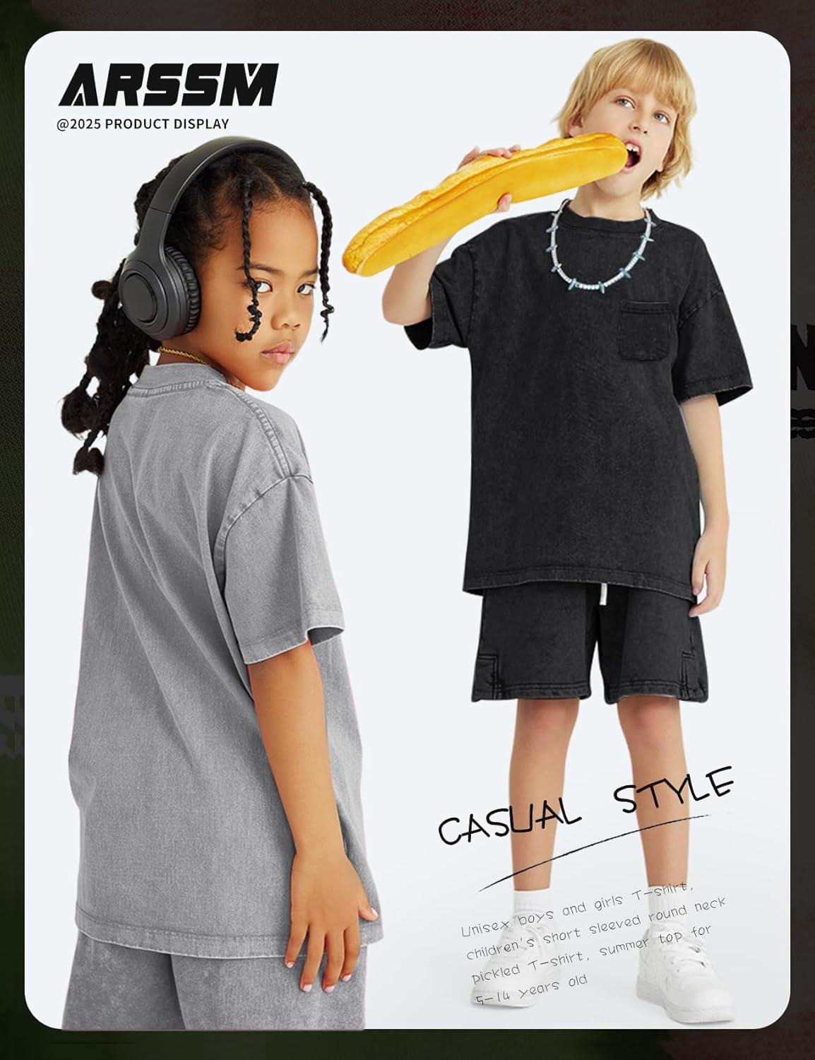 image:imageArssm 3 Pack Boys Tshirts Kids Oversized T Shirts Cotton Acid Wash Crewneck Summer Basic TeesBlackgreyblue