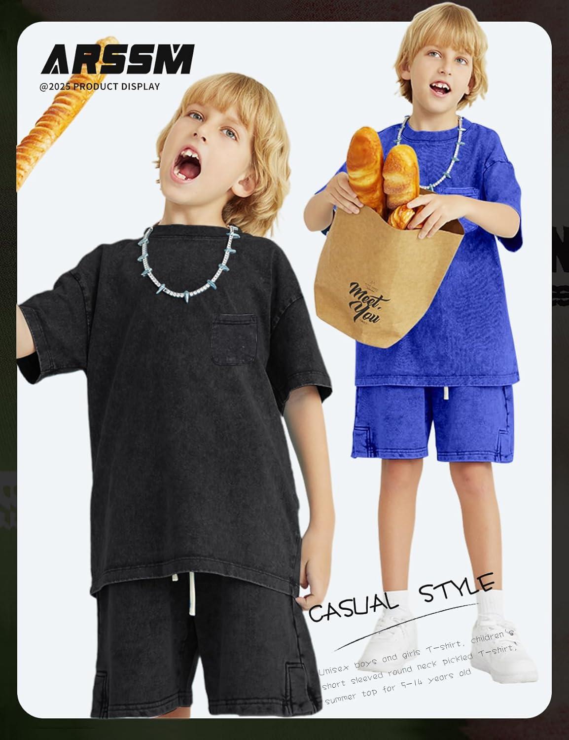 image:imageArssm 3 Pack Boys Tshirts Kids Oversized T Shirts Cotton Acid Wash Crewneck Summer Basic TeesBlackgreyblue