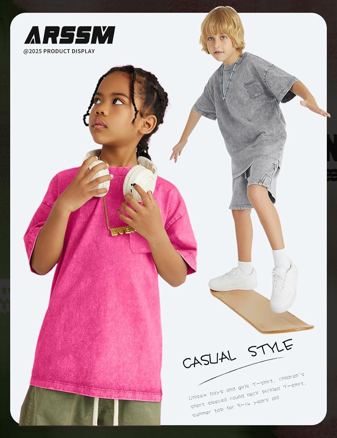 image:imageArssm 3 Pack Boys Tshirts Kids Oversized T Shirts Cotton Acid Wash Crewneck Summer Basic TeesBlackgreypink