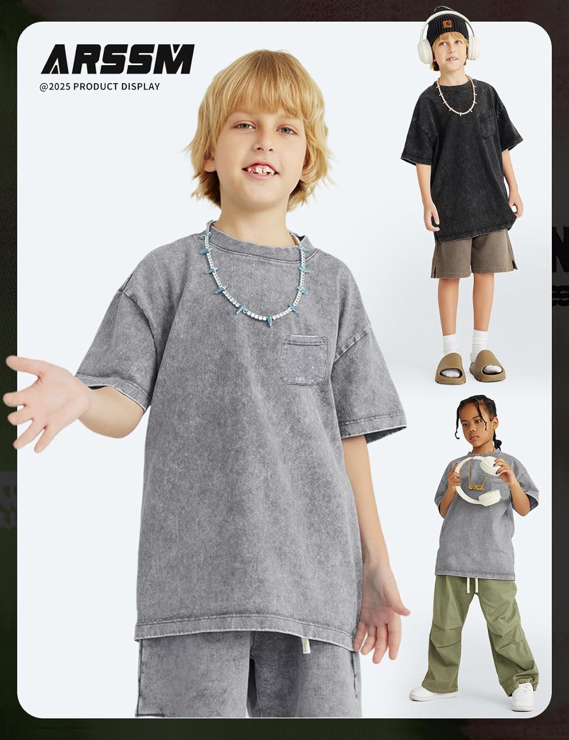 image:imageArssm 3 Pack Boys Tshirts Kids Oversized T Shirts Cotton Acid Wash Crewneck Summer Basic TeesBlackgreypink