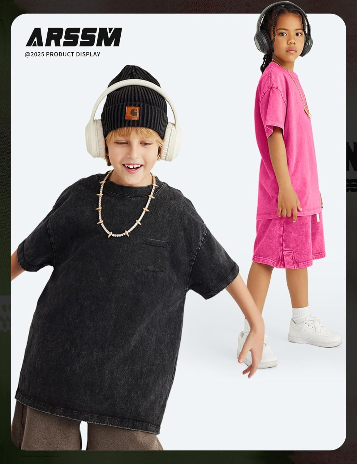 image:imageArssm 3 Pack Boys Tshirts Kids Oversized T Shirts Cotton Acid Wash Crewneck Summer Basic TeesBlackgreypink