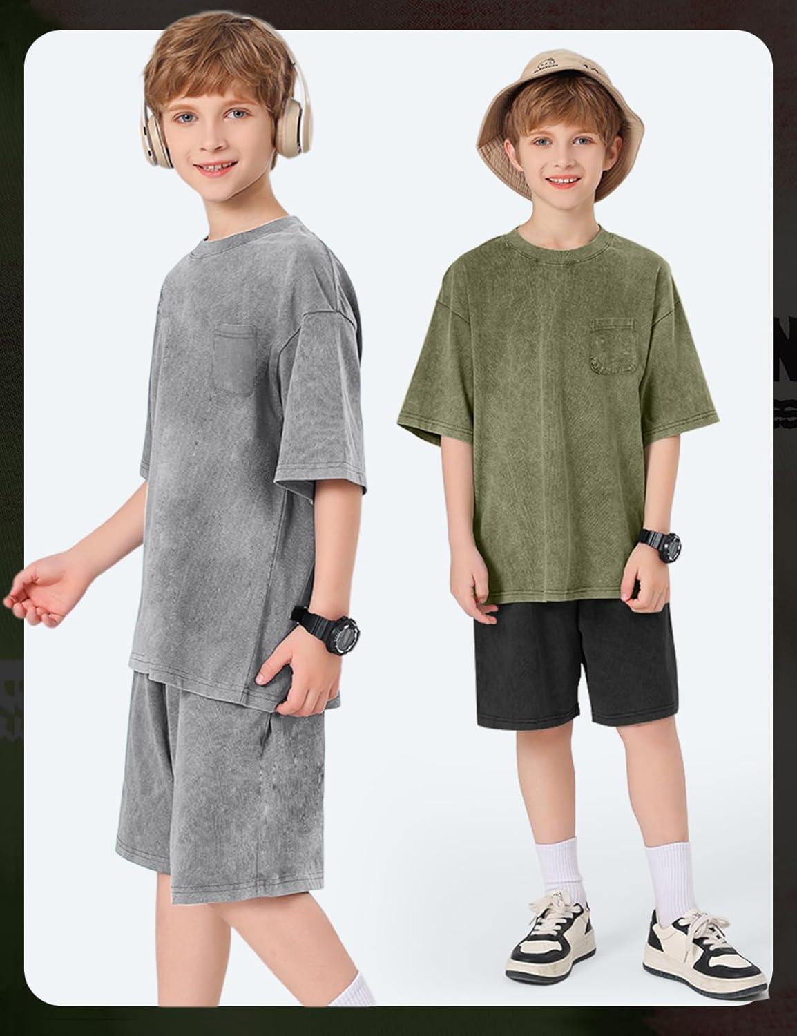 image:imageArssm 3 Pack Boys Tshirts Kids Oversized T Shirts Cotton Acid Wash Crewneck Summer Basic TeesGreyarmyapricot