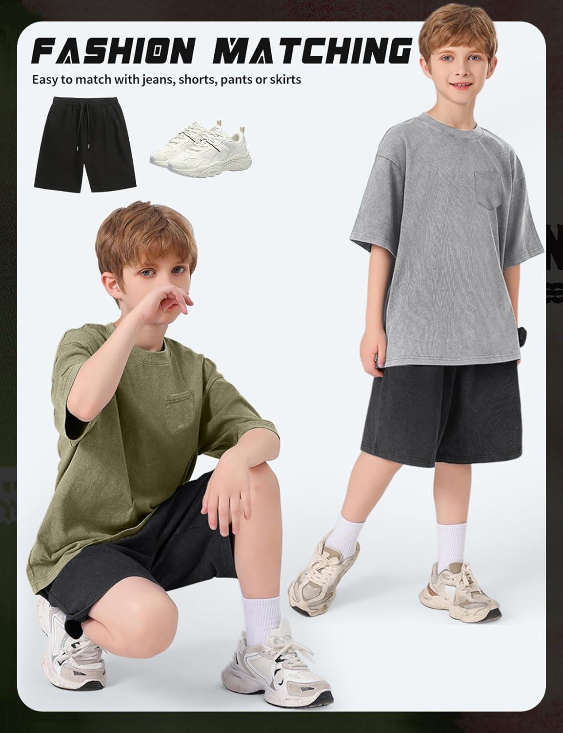 image:imageArssm 3 Pack Boys Tshirts Kids Oversized T Shirts Cotton Acid Wash Crewneck Summer Basic TeesGreyarmyapricot