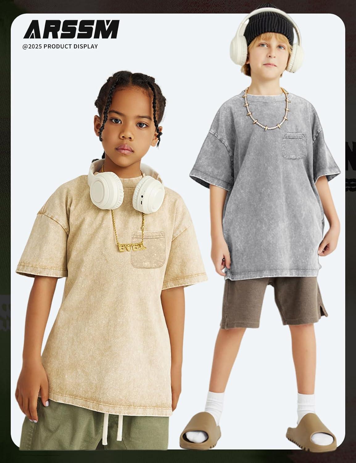 image:imageArssm 3 Pack Boys Tshirts Kids Oversized T Shirts Cotton Acid Wash Crewneck Summer Basic TeesGreyarmyapricot