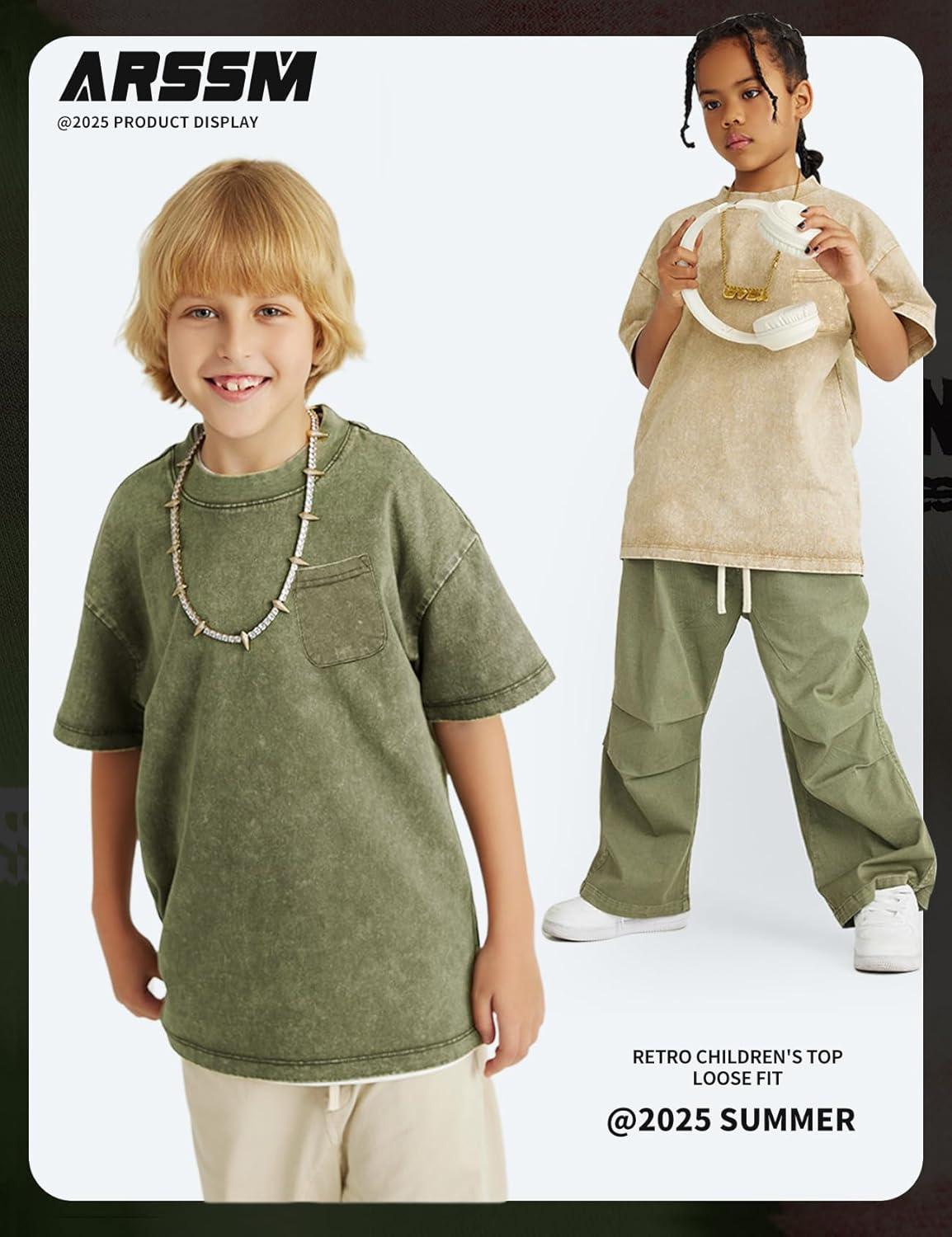 image:imageArssm 3 Pack Boys Tshirts Kids Oversized T Shirts Cotton Acid Wash Crewneck Summer Basic TeesGreyarmyapricot