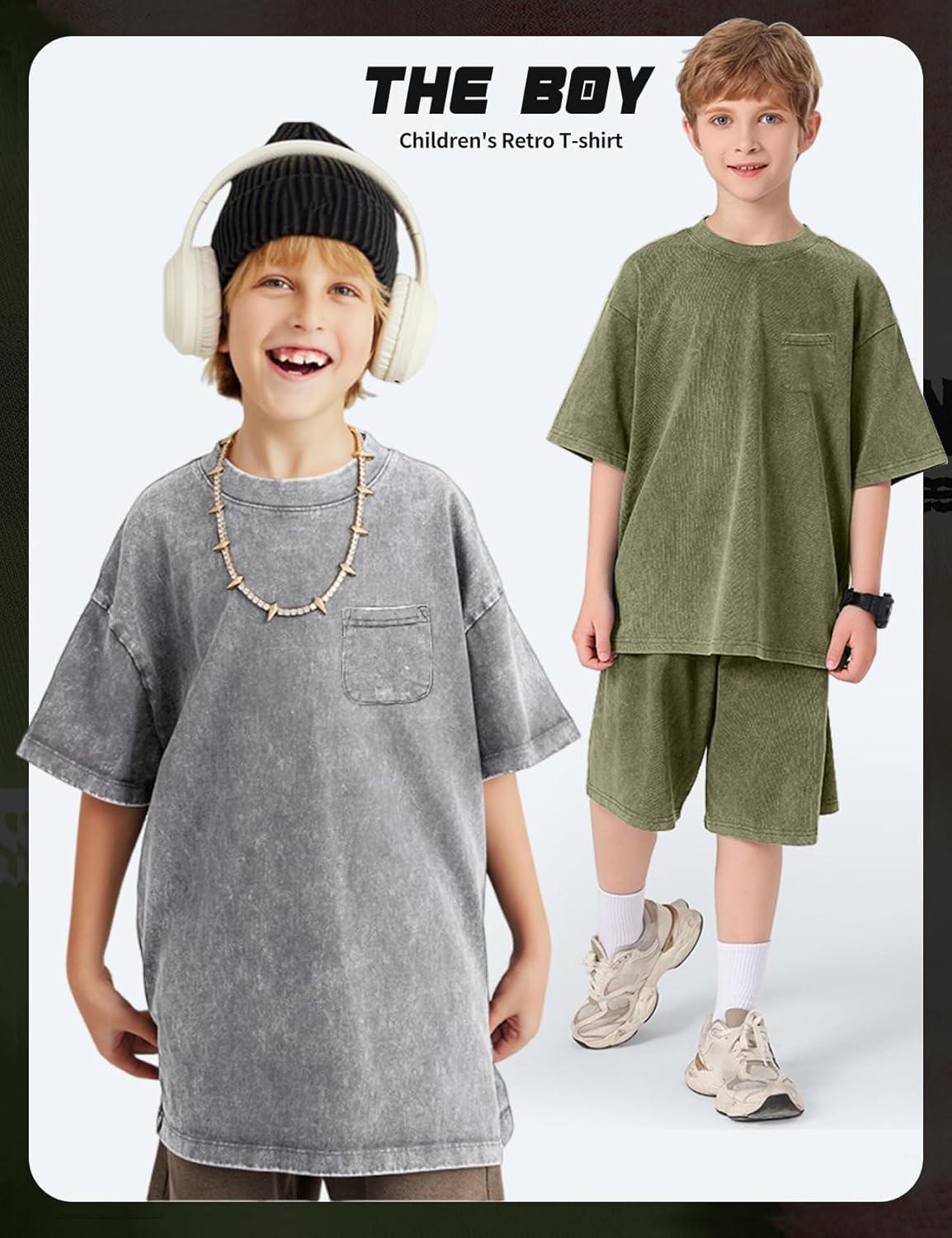image:imageArssm 3 Pack Boys Tshirts Kids Oversized T Shirts Cotton Acid Wash Crewneck Summer Basic TeesGreyarmyapricot