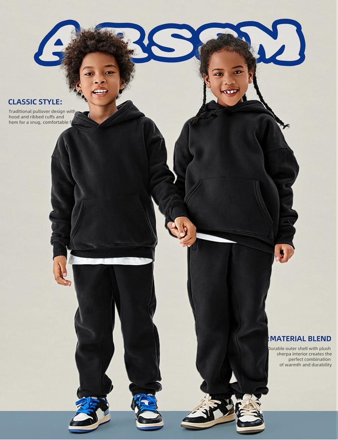 image:imageArssm Girls Boys Sweatsuits Fleece 2 Piece Outfits Pants Set Hoodie and Sweatpant Set Kids Athletic Fleece TracksuitsBlack