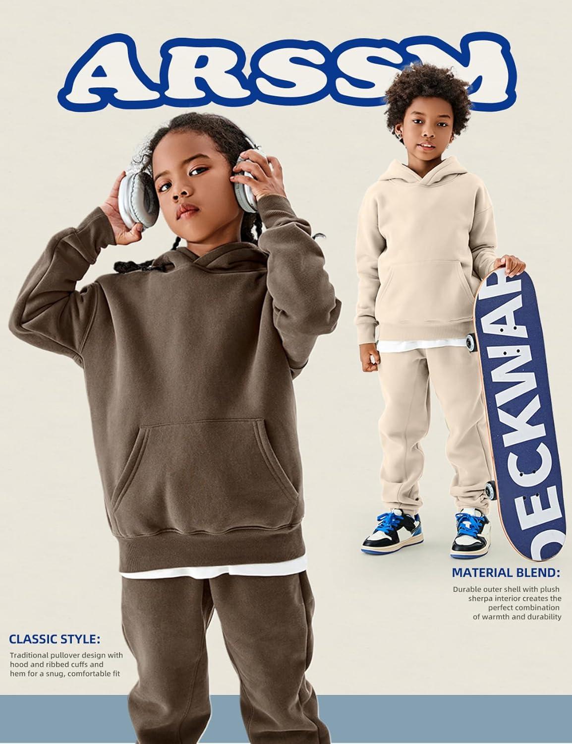 image:imageArssm Girls Boys Sweatsuits Fleece 2 Piece Outfits Pants Set Hoodie and Sweatpant Set Kids Athletic Fleece TracksuitsBrown