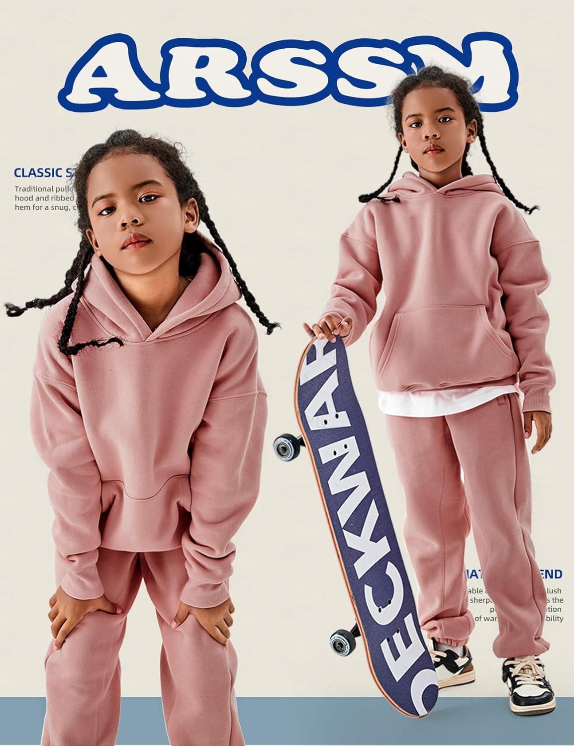 image:imageArssm Girls Boys Sweatsuits Fleece 2 Piece Outfits Pants Set Hoodie and Sweatpant Set Kids Athletic Fleece TracksuitsPink