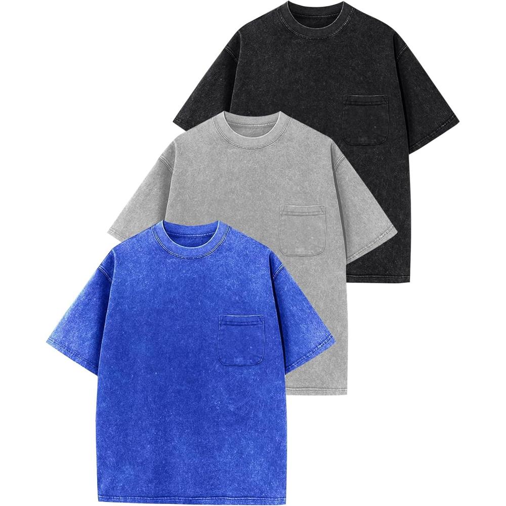 image:imageArssm 3 Pack Boys Tshirts Kids Oversized T Shirts Cotton Acid Wash Crewneck Summer Basic TeesBlackgreyblue
