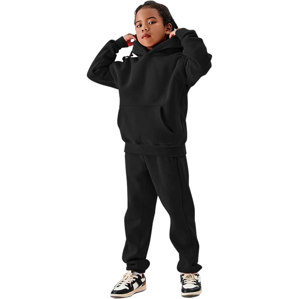 image:imageArssm Girls Boys Sweatsuits Fleece 2 Piece Outfits Pants Set Hoodie and Sweatpant Set Kids Athletic Fleece TracksuitsBlack