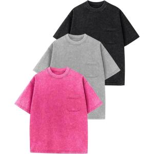 Arssm 3 Pack Boys Tshirts Kids Oversized T Shirts Cotton Acid Wash Crewneck Summer Basic Tees(Black+grey+pink)
