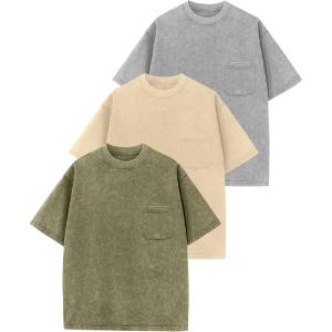 Arssm 3 Pack Boys Tshirts Kids Oversized T Shirts Cotton Acid Wash Crewneck Summer Basic Tees(Grey+army+apricot)