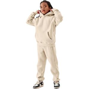 Arssm Girls Boys Sweatsuits Fleece 2 Piece Outfits Pants Set Hoodie and Sweatpant Set Kids Athletic Fleece Tracksuits(Beige)